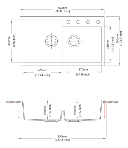 Imagen 2 de 2 de Pileta Doble De Cuarzo Negro 86cm X 50cm Glass Park