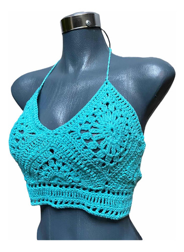 Top Crop Halter Tejido A Mano Crochet Algodón Bikini Playa 1