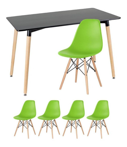 Kit Mesa Jantar Eames Retangular  4 Cadeiras Eiffel Wood Av Cor da tampa Mesa preto com cadeiras verde claro