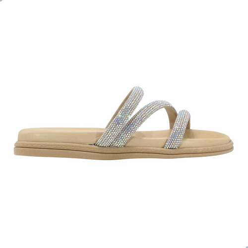 Slide Flat Beira Rio Papete Strass Brilho Cor Creme