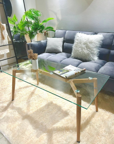 Mesa Ratona Living Lina Vidrio Patas Simil Madera 110x60 Marrón Claro