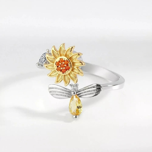 Anillo Giratorio Girasol Con Abejas De Diamantes