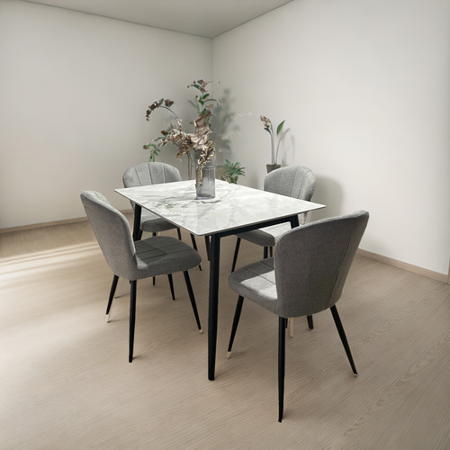 Juego Comedor Bulnes Neolith 140 Patas Negra + 6 Panama Negro Chenille Gris Claro