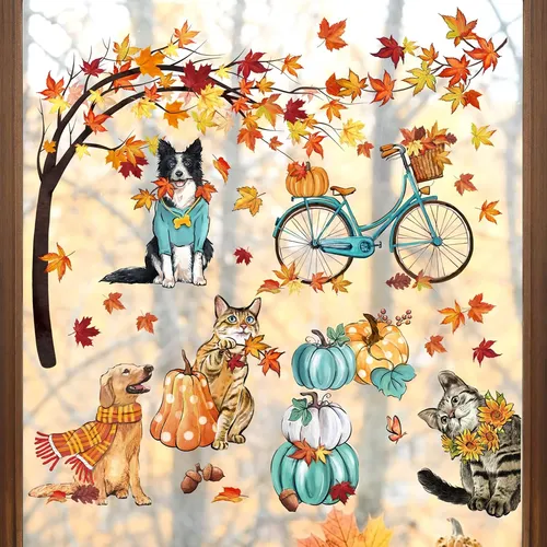 59pcs Ventosas De Otoño Ventanas 9 Hojas, Perros Y Gat...