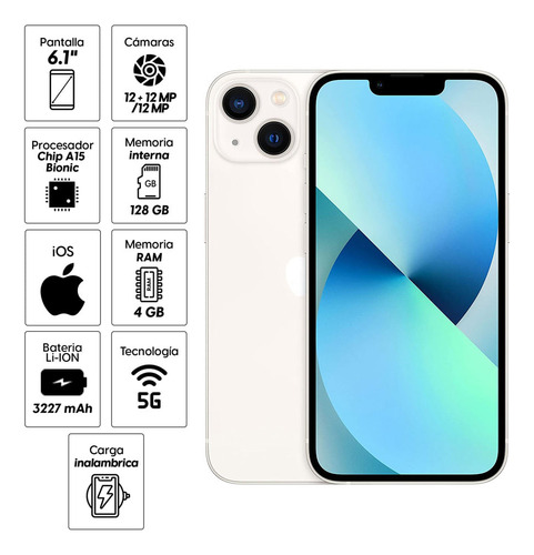 iPhone 13 128gb, 4gb Ram, Cám Principal 12+12mp, Blanco