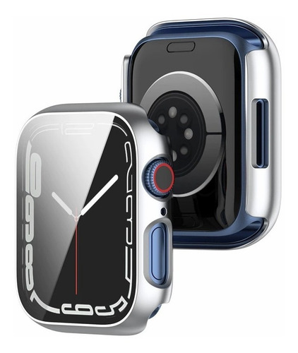 Case Con Cristal Templado Premium Para Apple Watch Series 7 Plateado 45mm