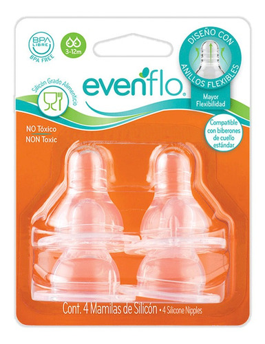 Tetinas Evenflo Para Biberon Cuello Angosto 4 Pzas Estandar