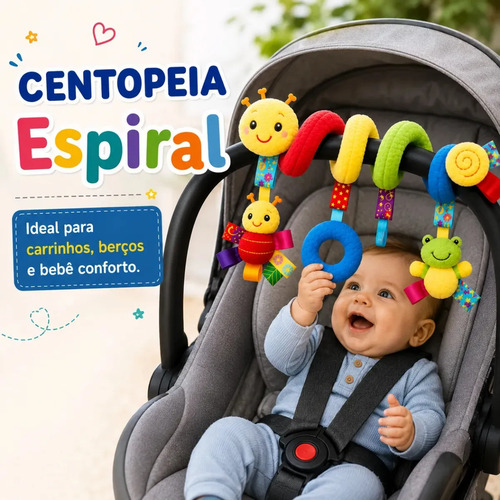Centopéia Espiral Bichinho Pelúcia Brinquedo Carrinho Berço Bebê Conforto com Chocalho de Pendurar Sensorial