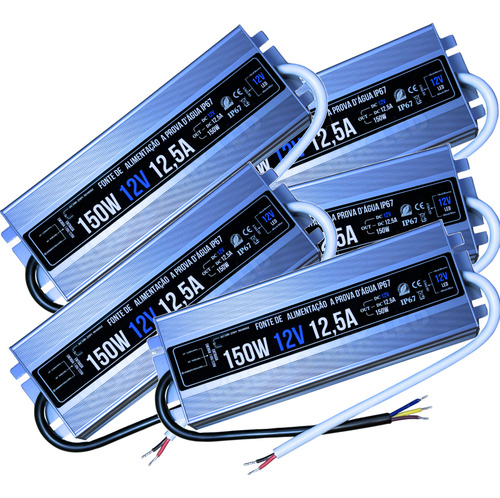 05pçs Fonte Blindada Bivolt Automátic P/ Led Ip67 150w 12,5a