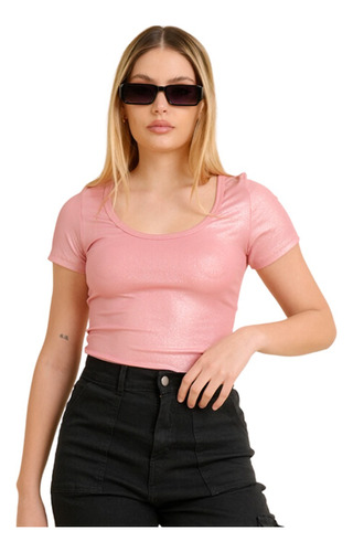 Remera Crop Top Pupera Morley Brillosa Manga Corta Basica 