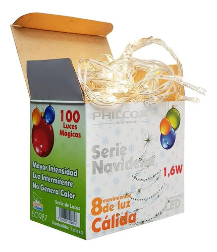 Serie Navideña Con 100 Leds 7.75mts Luz Cálida Marca Philco