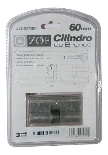 Imagen 2 de 6 de Cilindro Bronce Llave Estandar 60mm / 5 Pines, Blister