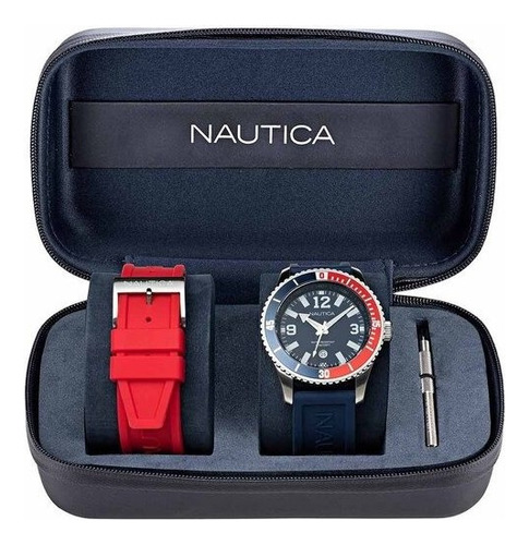 Reloj Nautica De Moda Unisex Modelo: Nappbs164 Correa Azul Bisel Gris Fondo Azul