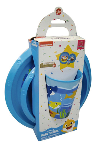 Set X 3 Piezas Bazar Plástico Baby Shark Vaso Plato Bowl