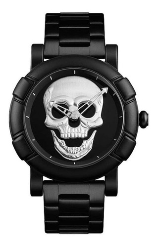 Reloj pulsera Skmei 9178 de cuerpo color negro, analógico, para hombre, fondo negro y plata, con correa de acero inoxidable color negro, agujas color plata y blanco, dial plateado, bisel color negro y desplegable