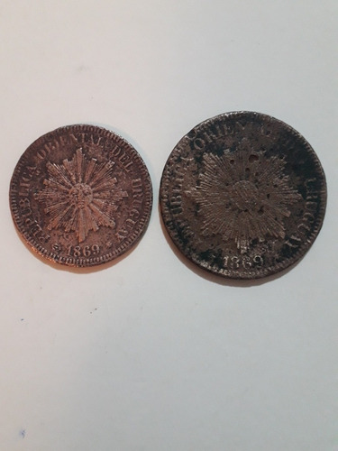 Dos Monedas De Cobre 2 Y 4 Centésimos Uruguay Año 1869 