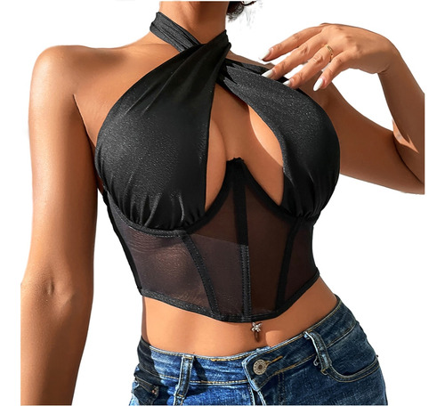 Encantador Top Tipo Crop Corsé Cruzado Blusa Sin Mangas Amor