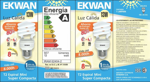 Imagen 2 de 2 de Lampara Fluorescente 13w Bajo Consumo Mini Espiral E27 Cálid