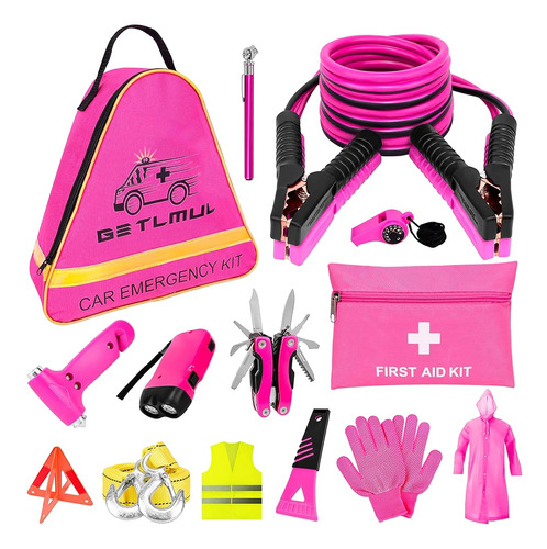 Getlmul Pink Car Emergency Kit, Premium Roadside Emergency C