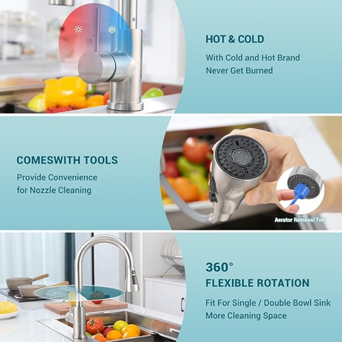 Grifo Multifuncional Extraíble Con Mezcla Y Giro 360° Plateado Brillante