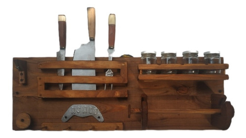 Kit Parrillero Set Asador Organizador Madera Parrilla Hacha