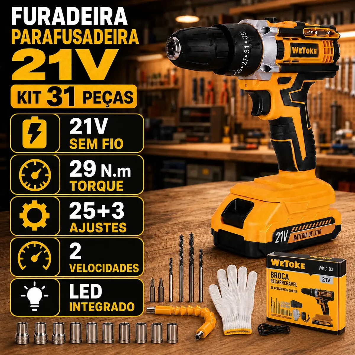 Parafusadeira Furadeira WETOKE WKC-03 Sem Fio 21V Com Kit e Bateria