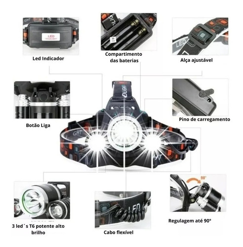 Lanterna Cabeça Recarregável Triplo T6 Led Cree Profissional