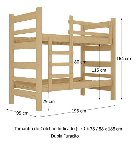 Beliche Madeira Maciça - vira 2 Camas - para Colchão 78/88 x 188cm Dubai Multimóveis CR4137 Natural