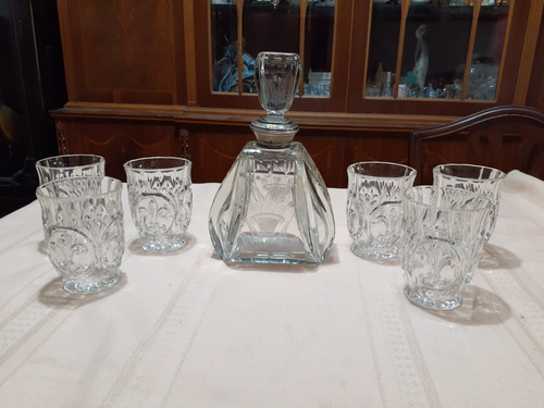 Botellón Para Whisky En Cristal Y Plata Con 6 Vasos 
