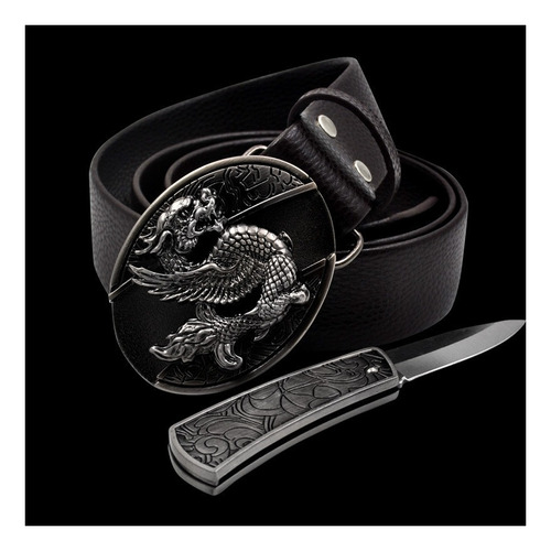 Cinturón De Cuero, Navaja, Hebilla Lisa Color Dragon Leather Black Talla 100 135cm