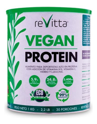 Proteina Vegana Vegan Protein 1 Kg. 30 Servicios Revitta Sabor Dulce De Leche