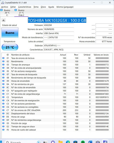 Disco Duro 2.5 Sata Toshiba Mk1032gsx : 100.0 Gb (Usado)