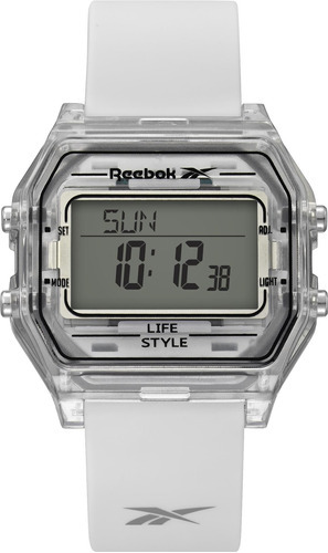 Reloj Reebok Unisex Nerd Rv-vne-u9-pzis-ww Digital Color de la malla Blanco Color del bisel Transparente Color del fondo Positivo