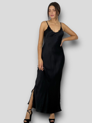 Maxi Vestido Seda Bordes Gaza Negro