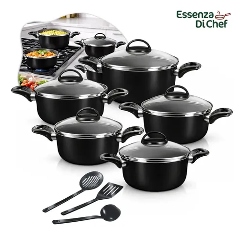 Conjunto De Panelas Caçarolas 5 Peças Antiaderente Com 3 Utensilios E Tampa De Vidro Preto