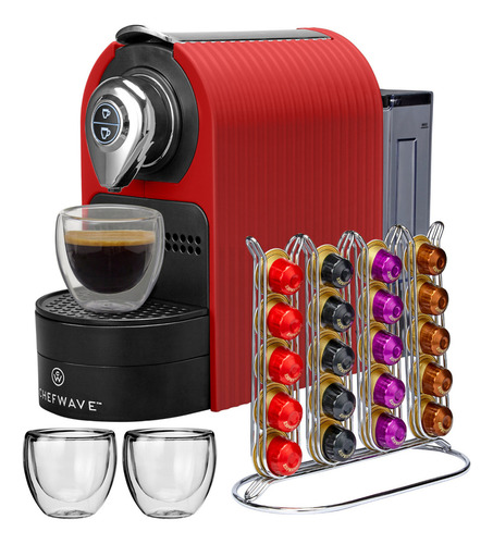 Máquina de café espresso Chefwave para usar con cápsulas Nespresso (rojas), soporte y tazas