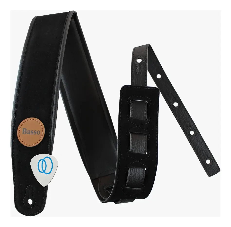 Kit Correia Basso Classic Acolchoada de Camurça Sintética Preta para Violão, Guitarra e Baixo 7 cm Com Palheta