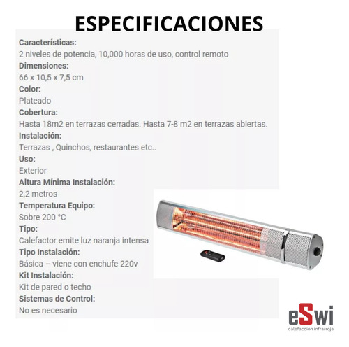 Calefactor Infrarrojo De Pared Con Control Remoto Exterior