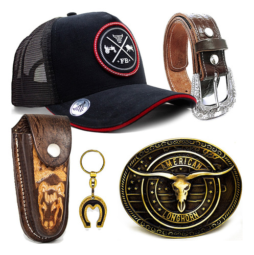 Kit Cowboy Peao Bone Farm Bulls Cinto Bainha Fivela Chaveiro