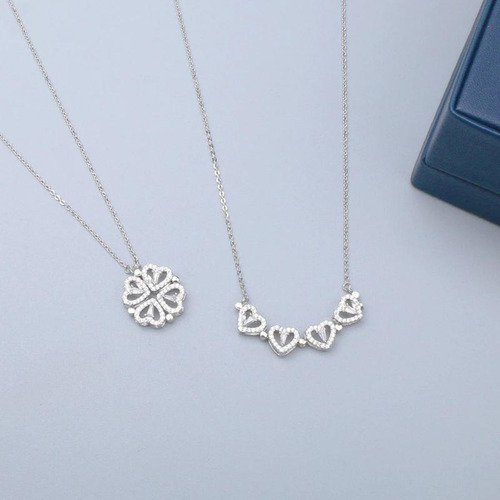 Collar Doble Vista Plata Dije Corazónes Trébol Y Circonias
