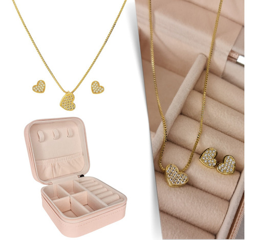 Imagem 1 de 8 de Kit Conjunto Coração Cravejado E Porta Joias