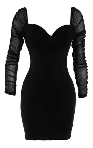 Vestido Corto Escote Coraz n Manga Larga Tul Transparencia