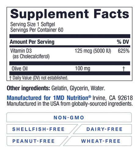 1md Nutrition Vitamina D3 5000 Ui Cápsulas Blandas