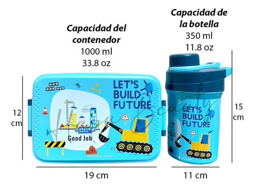 Set Lonchera Escolar Con Botella Y Cuchara Lunch Box Vianda Azul Excavadora