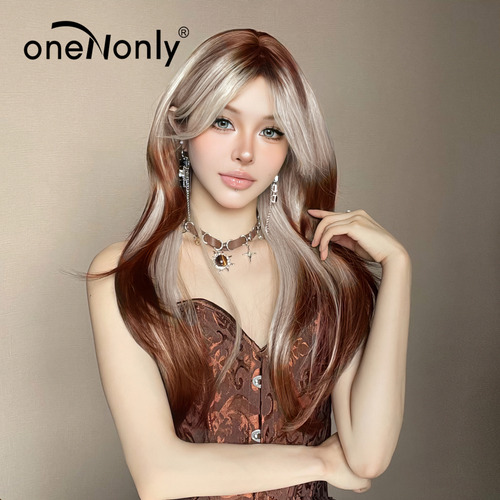 Wig Oneonly Cabello Largo Y Liso Con Mechas Marrones...