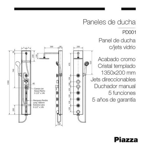 Imagen 3 de 5 de Panel Ducha Piazza Pd001 Escocesa Jets Direccionables Vidrio