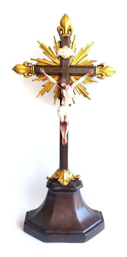 Imagem 1 de 5 de Crucifixo Pedestal Com Resplendor Pontas Flor De Liz 45cm