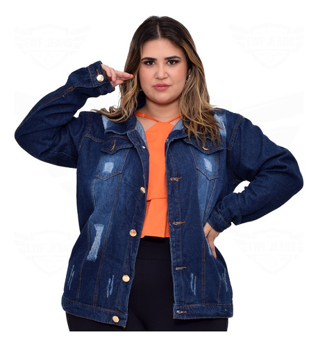 Max Jaqueta Jeans Feminina Plus Size Destroyed Blusa Casaco