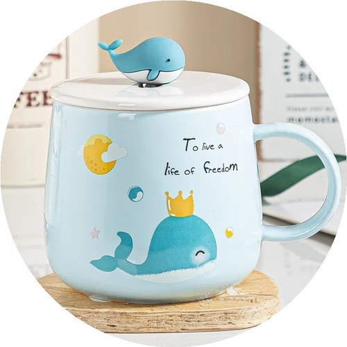 Taza Kawaii Con Tapa Diseño Ballena + Cucharita 