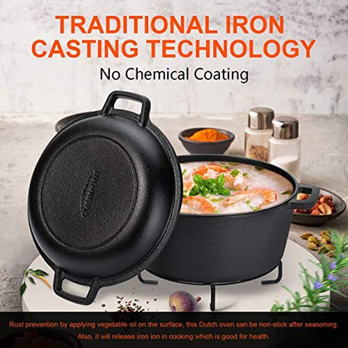 Overmont Dutch Oven - Cacerola De Hierro Fundido De 5 Qt + T